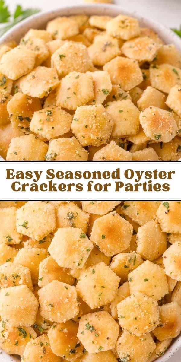Seasoned oyster crackers Pinterest graphic with text and photos.