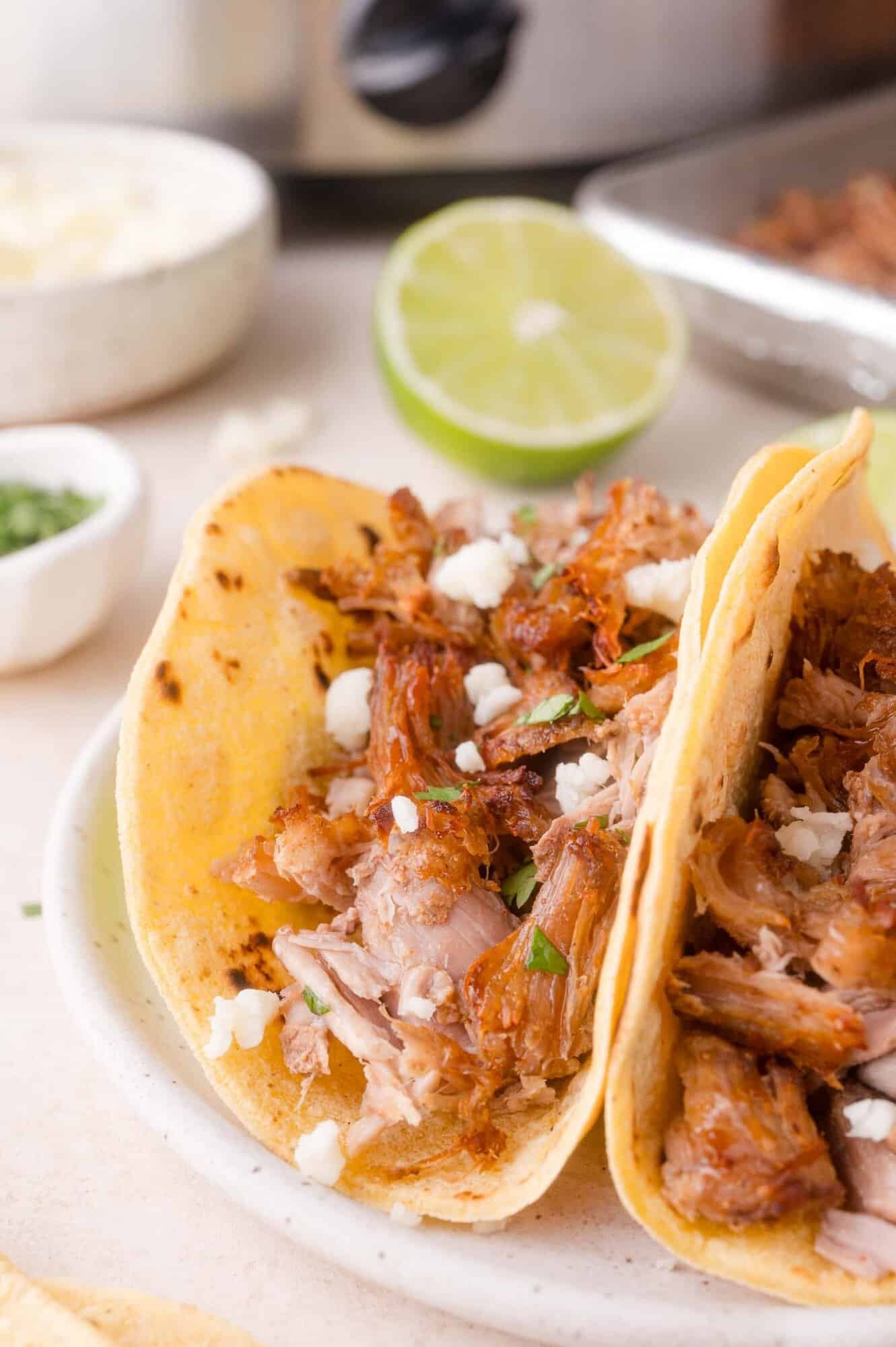 Two corn tortillas filled with shredded pork carnitas, topped with crumbled cheese and herbs, served on a white plate with a lime and garnish in the background.