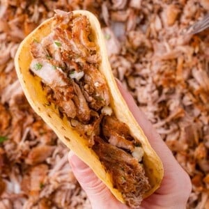 A hand holds a taco filled with shredded seasoned carnitas, with more shredded meat scattered in the background.