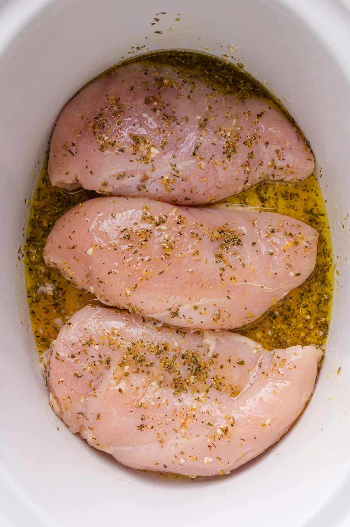 Three raw chicken breasts seasoned with herbs and spices sit in a white slow cooker with a marinade or oil at the bottom.