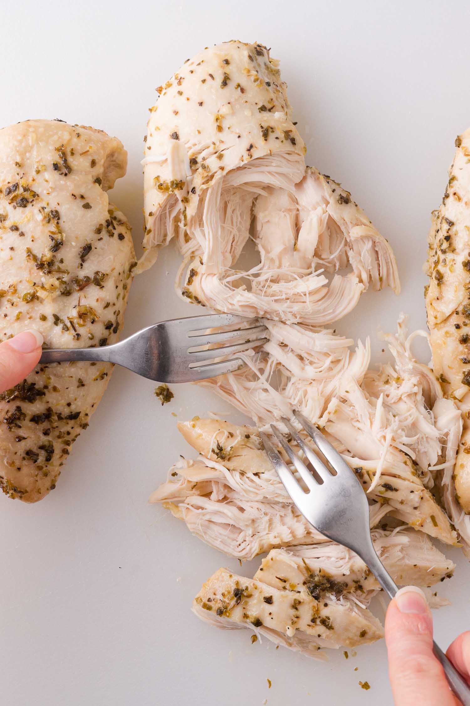 Two hands use forks to shred cooked, seasoned chicken breasts on a white surface.