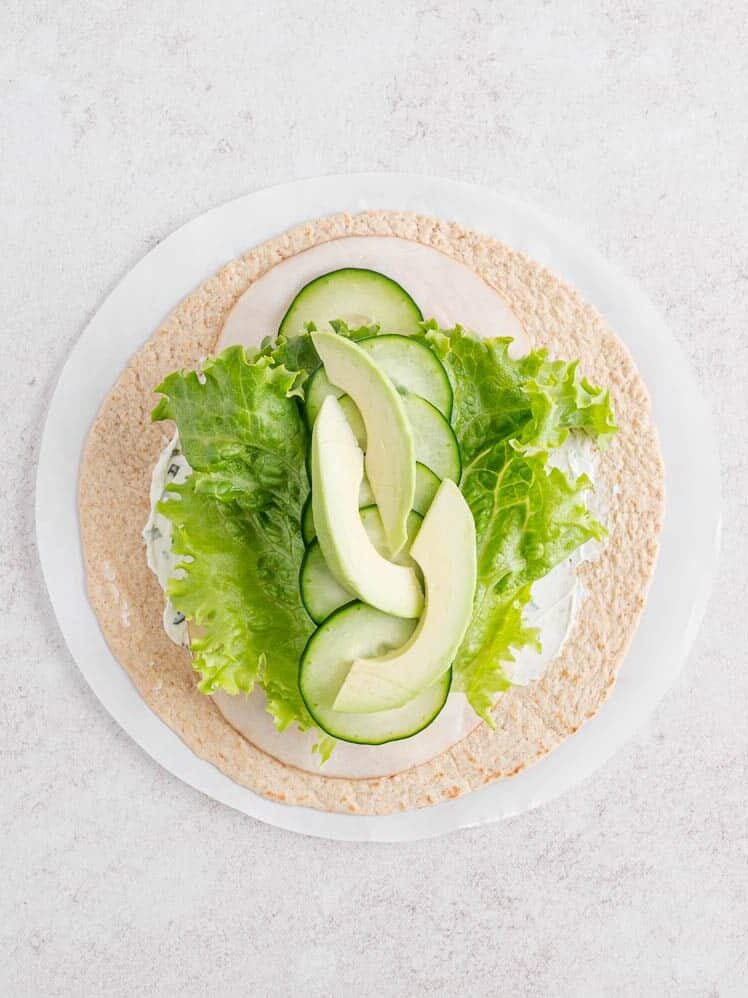 Overhead view of turkey wrap ingredients added to a flour tortilla.