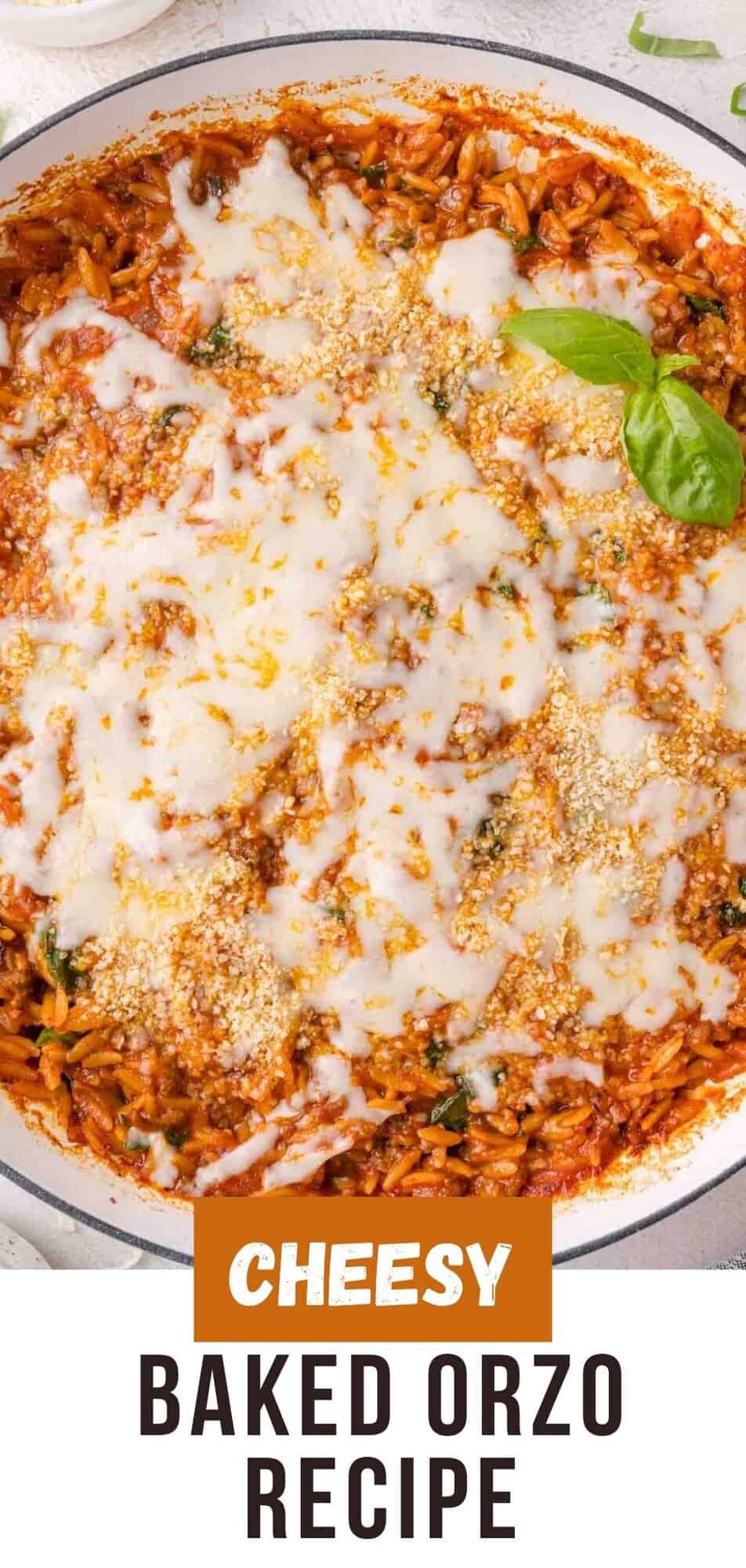 Baked orzo Pinterest graphic with text and photos.
