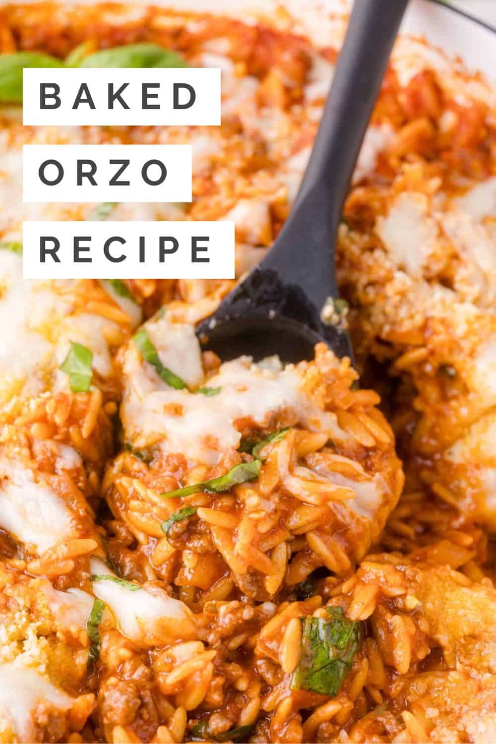 Baked orzo Pinterest graphic with text and photos.