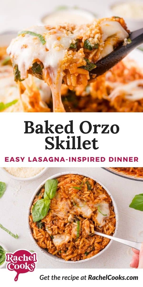 Baked orzo Pinterest graphic with text and photos.