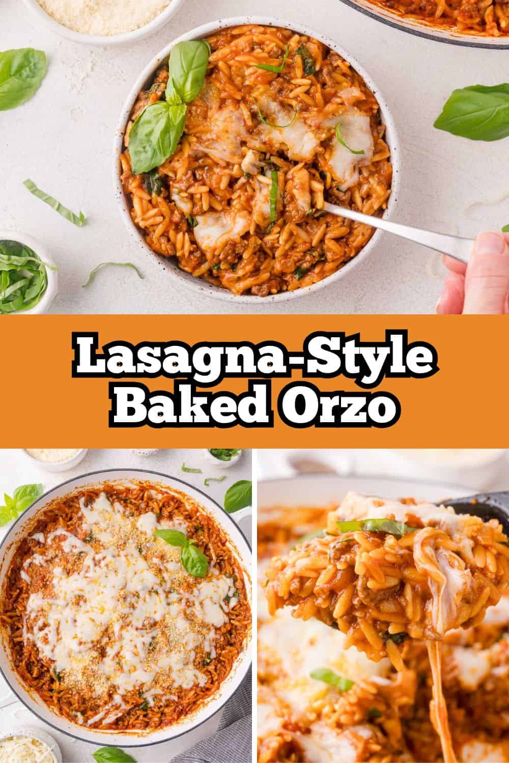 Baked orzo Pinterest graphic with text and photos.