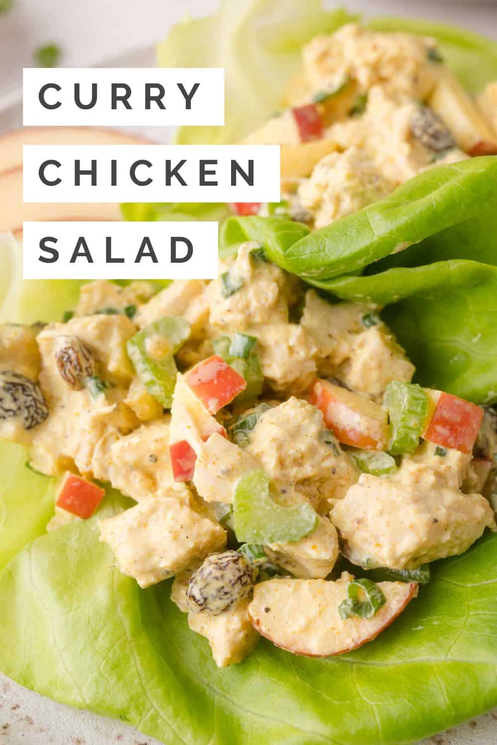 Curry chicken salad Pinterest graphic with text and photos.