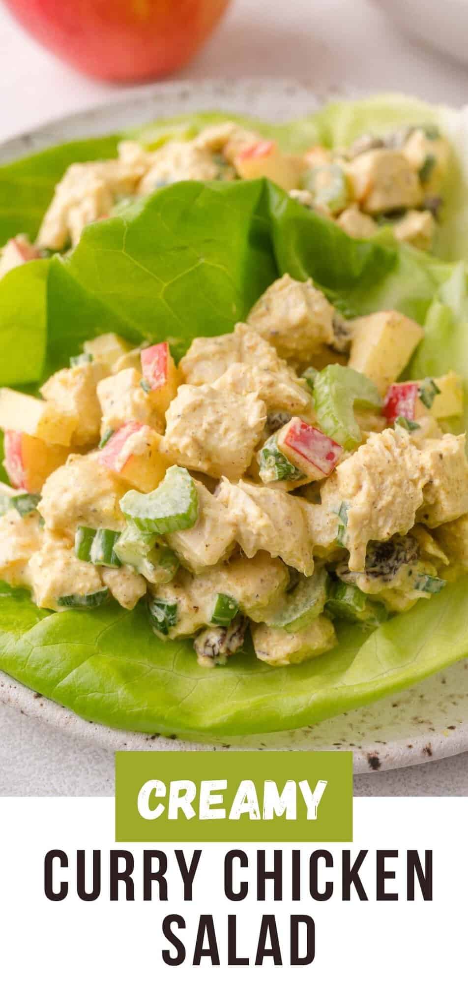 Curry chicken salad Pinterest graphic with text and photos.
