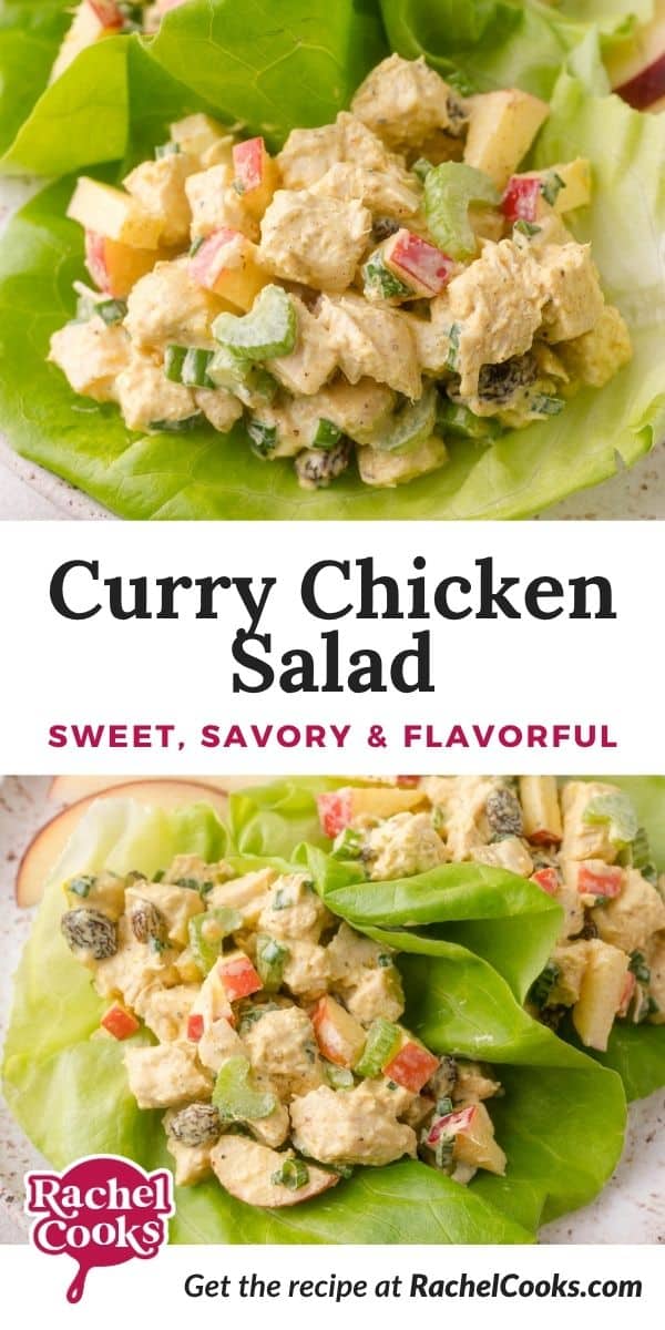 Curry chicken salad Pinterest graphic with text and photos.