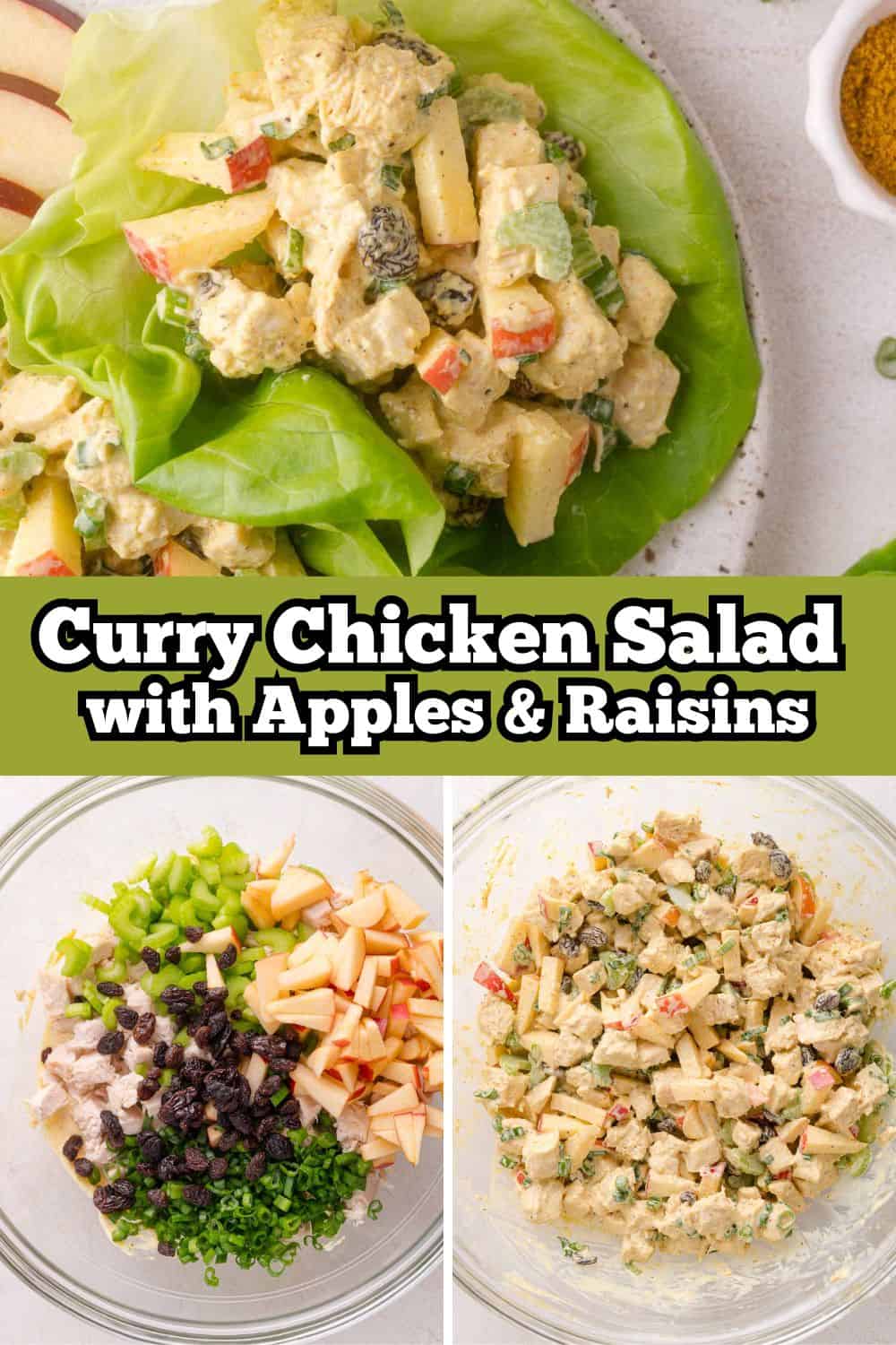 Curry chicken salad Pinterest graphic with text and photos.