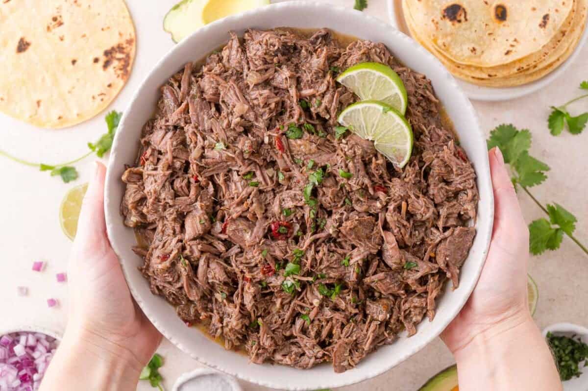 A person holds a bowl of shredded beef barbacoa garnished with lime slices and cilantro, with tortillas and fresh ingredients visible in the background.