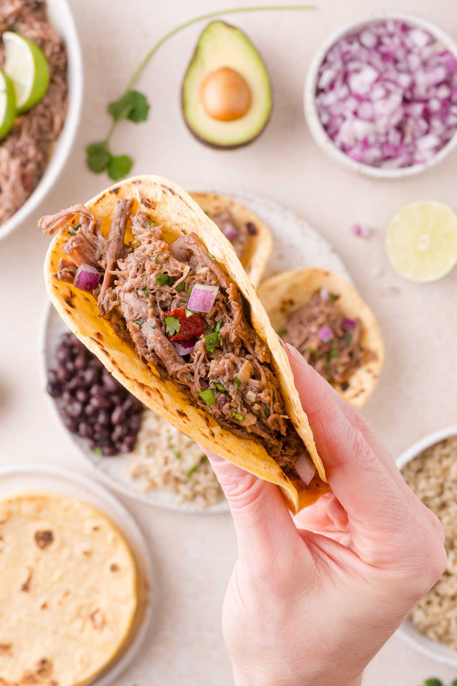 A hand holding a taco filled with shredded beef barbacoa, chopped onions, and cilantro. Surrounding bowls contain avocado, rice, lime, and more onions.