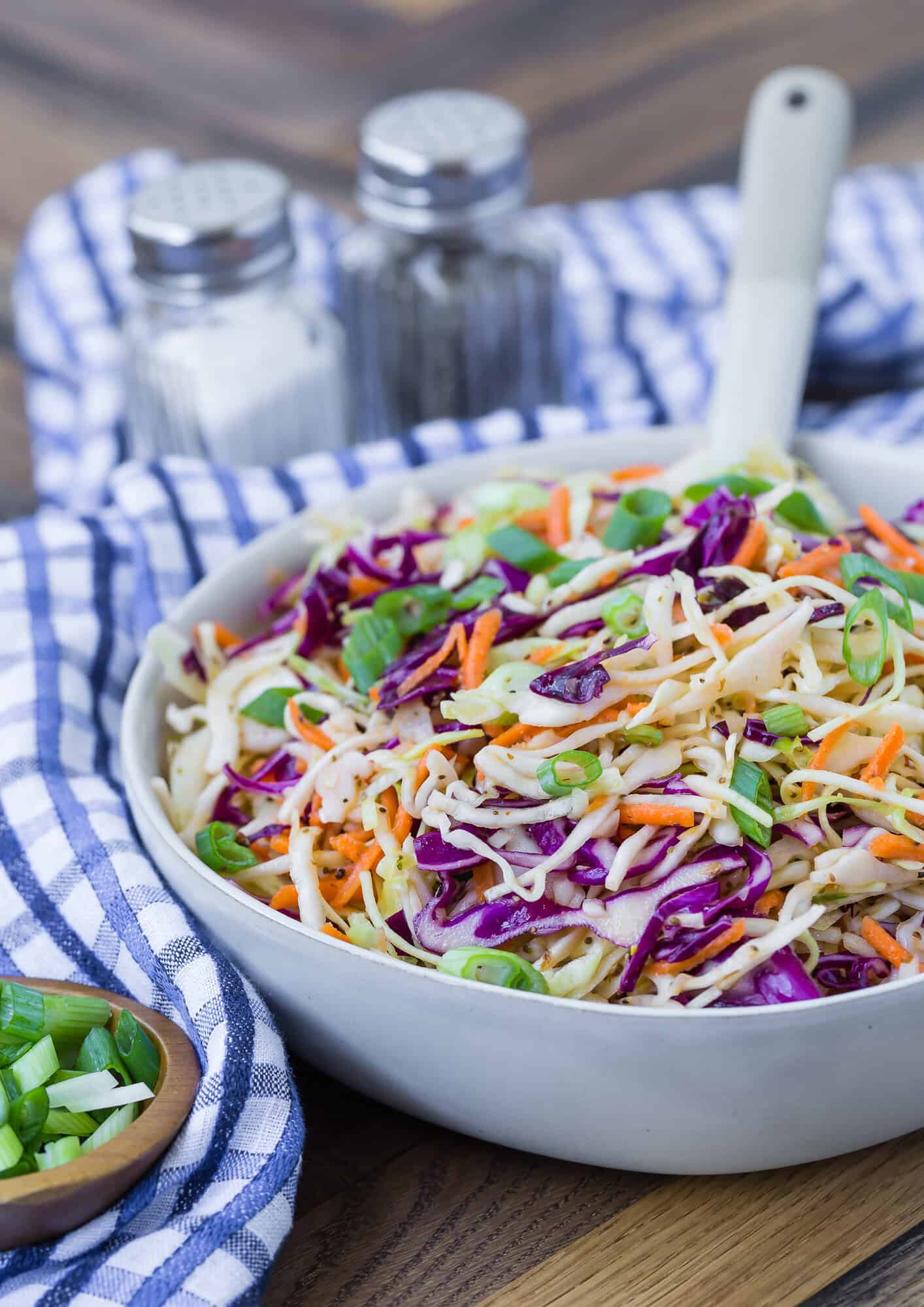 A bowl of colorful coleslaw made with shredded green and purple cabbage, carrots, and chopped green onions, placed on a striped cloth next to salt and pepper shakers.