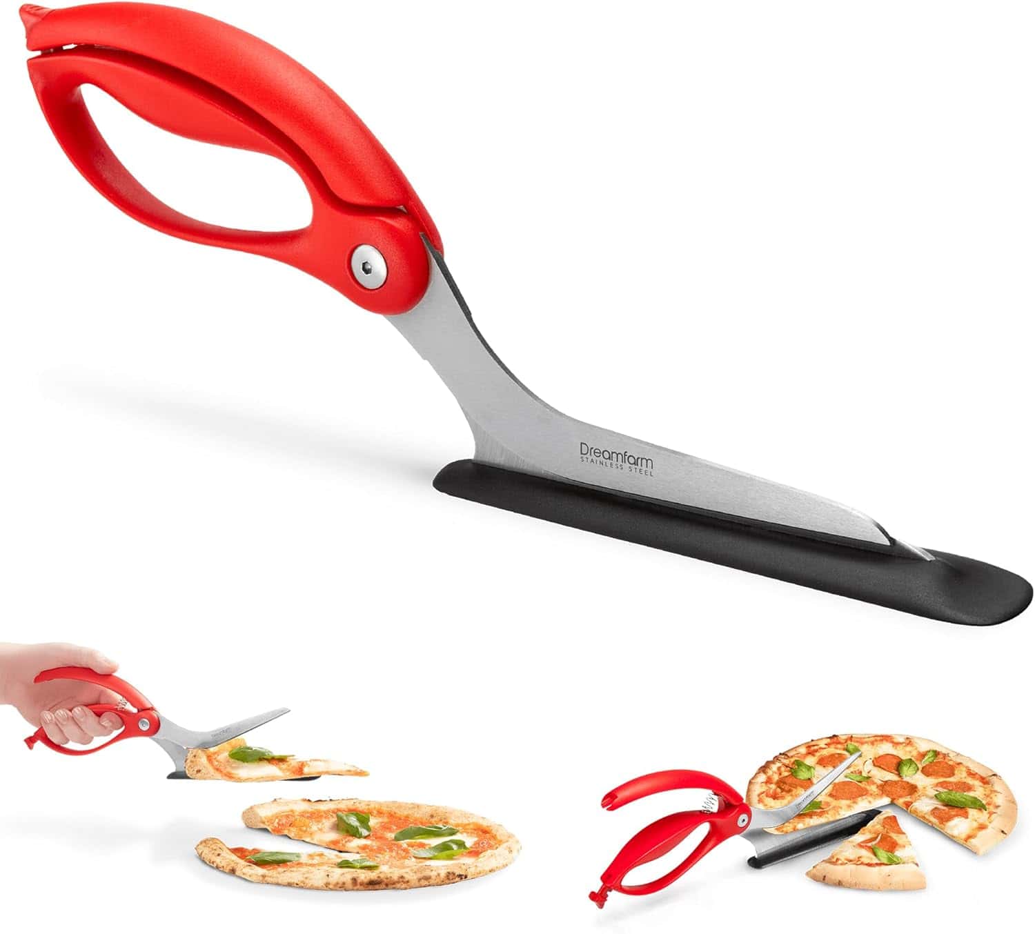 Red-handled kitchen scissors with a spatula blade. It is used to cut and serve delicious elote flatbread slices.