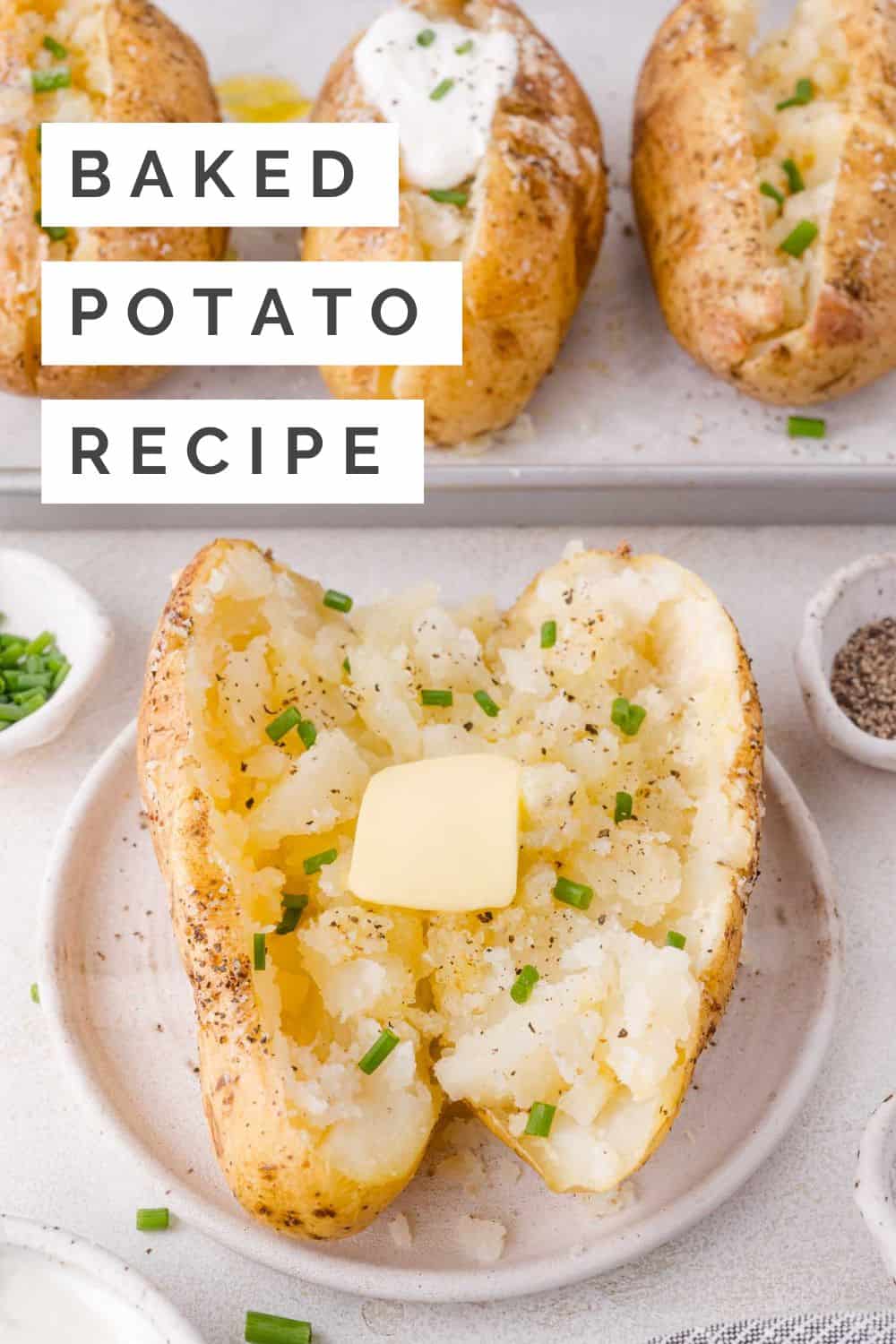 Baked potato Pinterest graphic with text and photos.