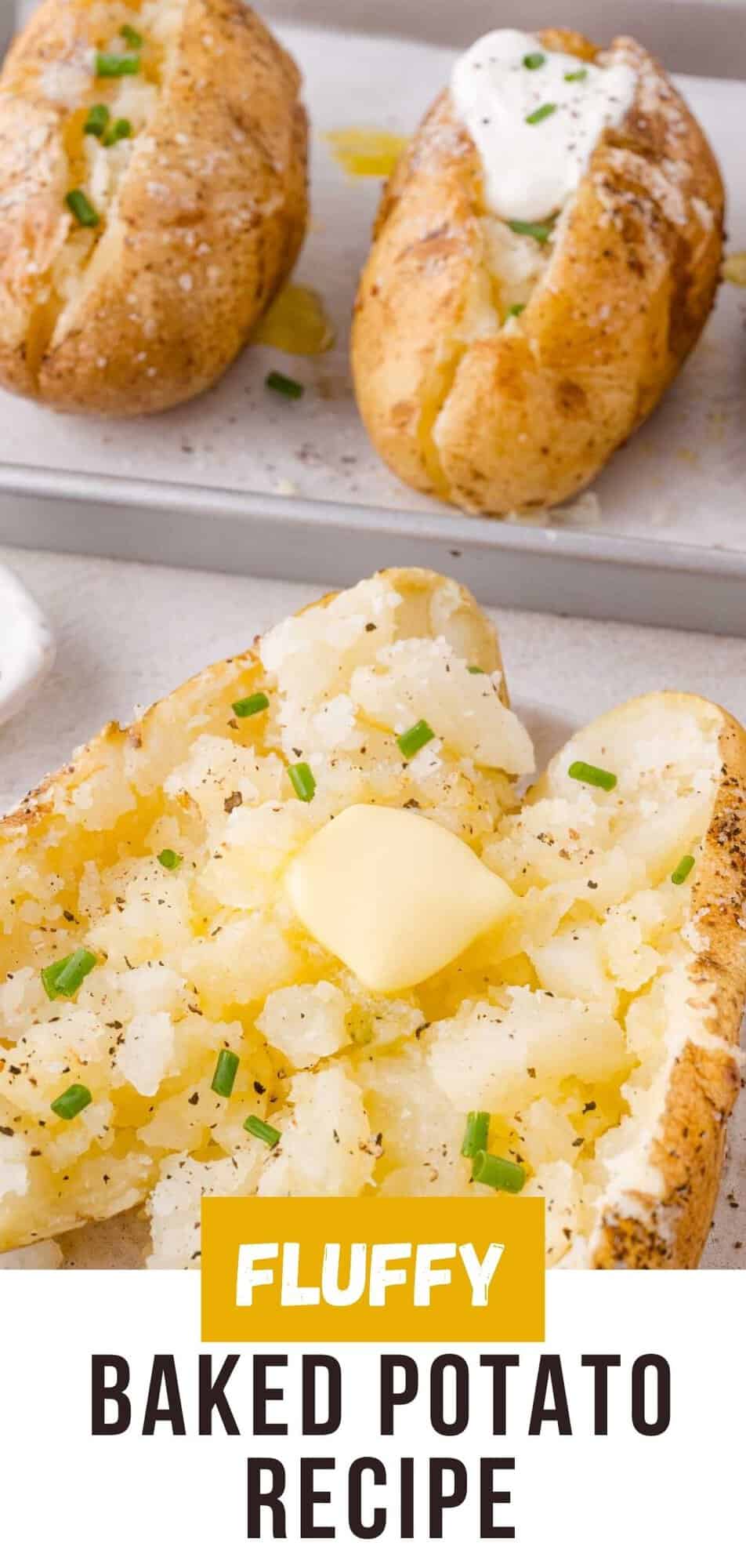 Baked potato Pinterest graphic with text and photos.