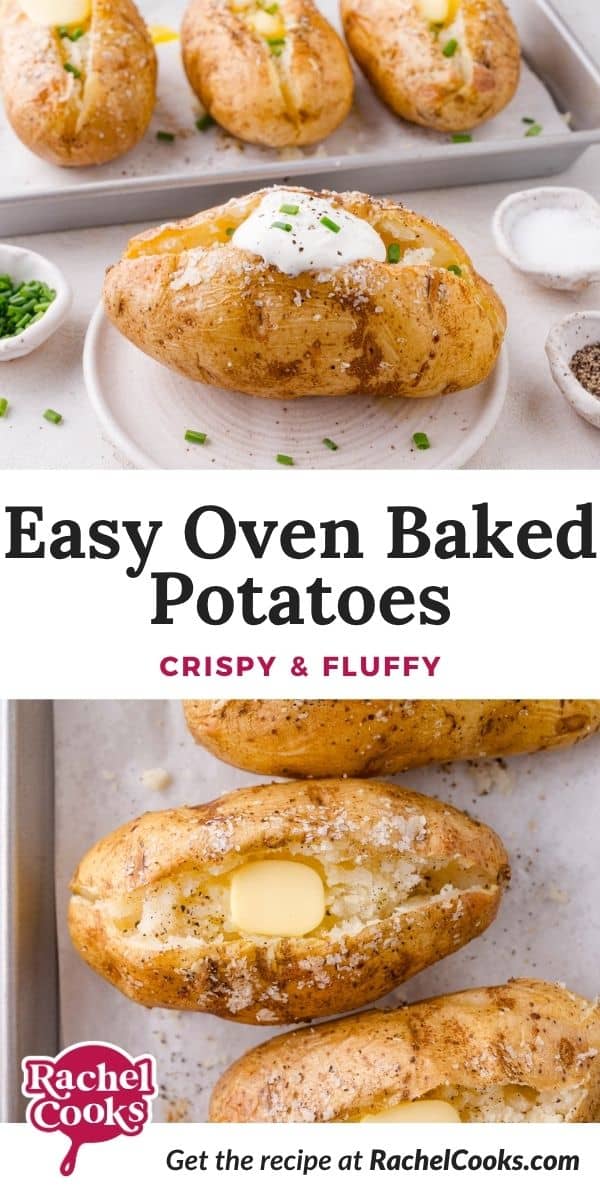 Baked potato Pinterest graphic with text and photos.