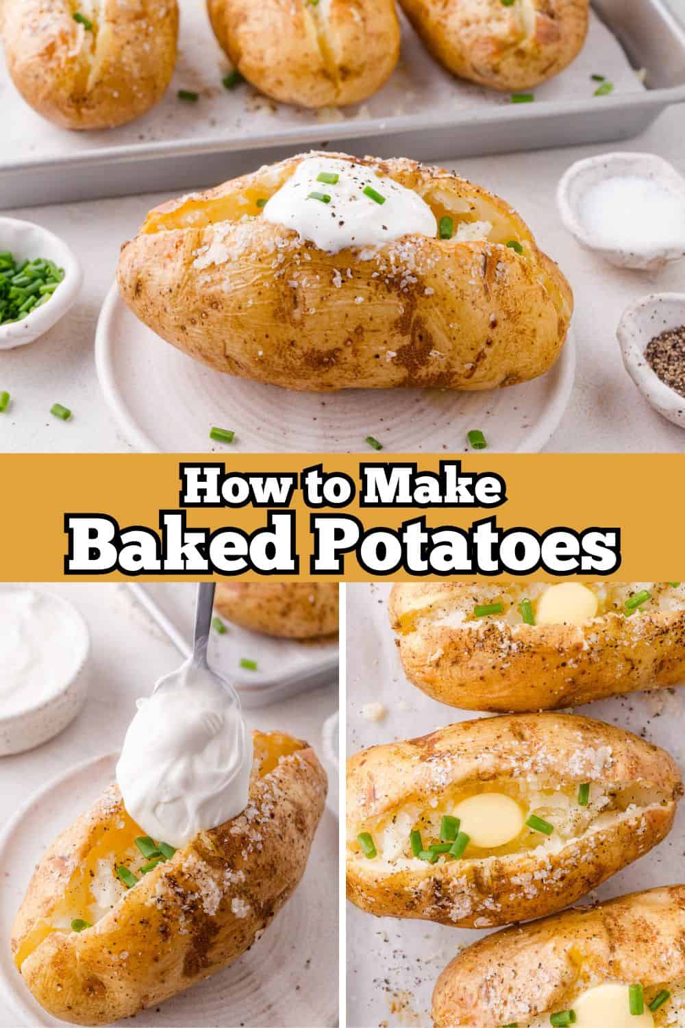 Baked potato Pinterest graphic with text and photos.