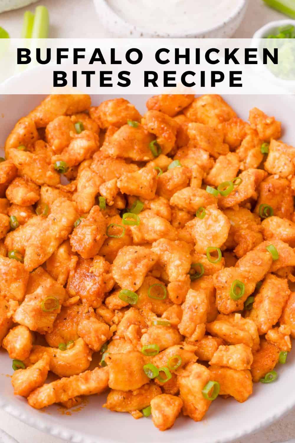 Buffalo chicken bites Pinterest graphic with text and photos.