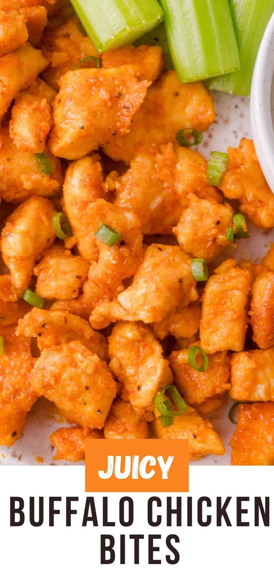 Buffalo chicken bites Pinterest graphic with text and photos.
