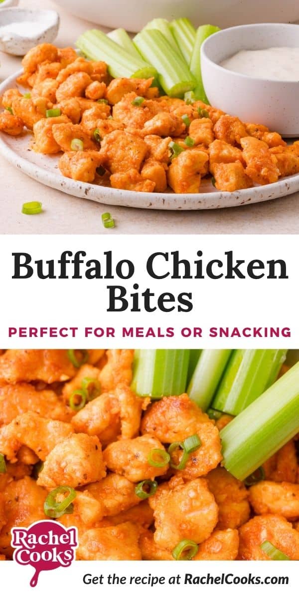 Buffalo chicken bites Pinterest graphic with text and photos.