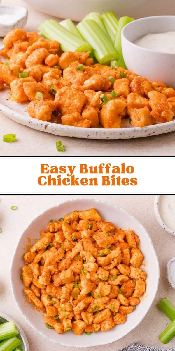 Buffalo chicken bites Pinterest graphic with text and photos.