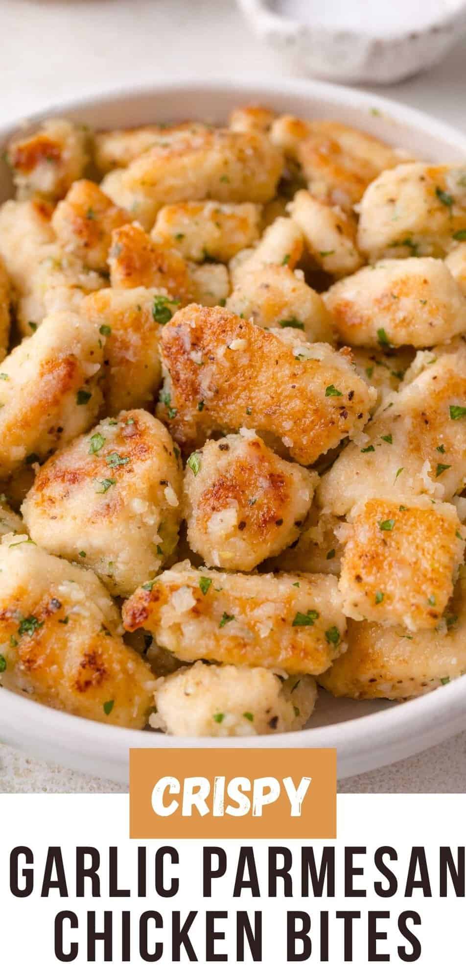 Garlic parmesan chicken bites Pinterest graphic with text and photos.
