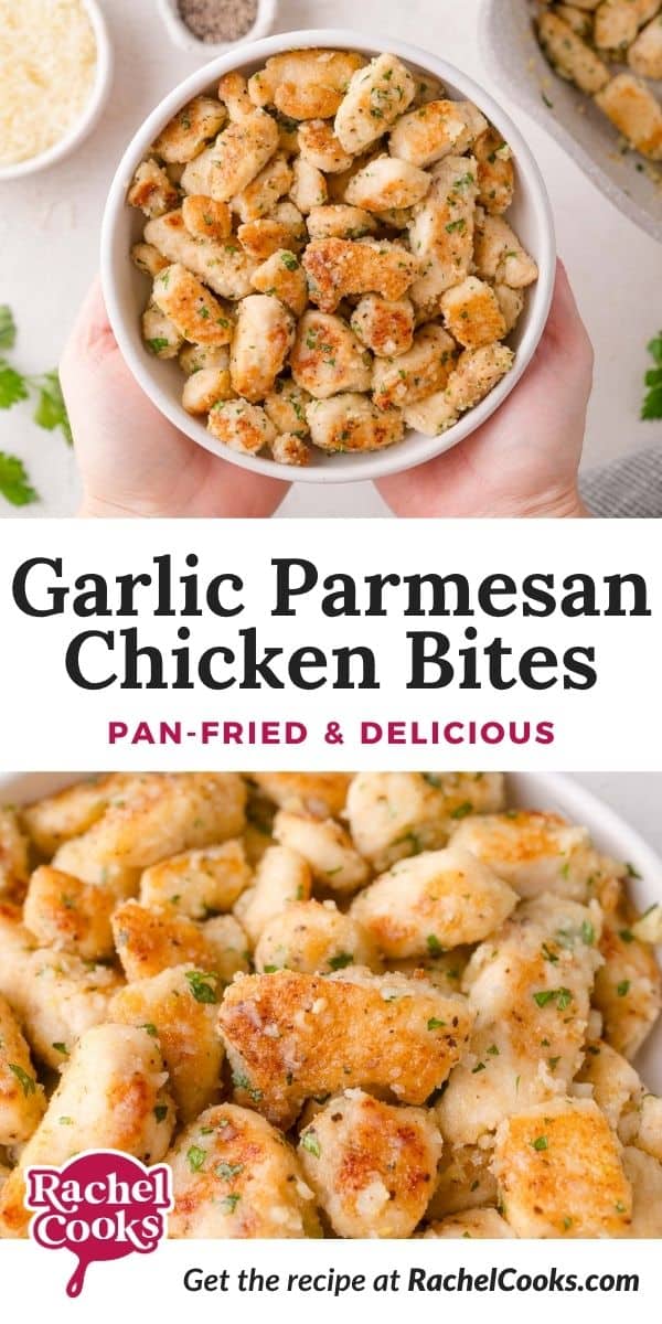 Garlic parmesan chicken bites Pinterest graphic with text and photos.