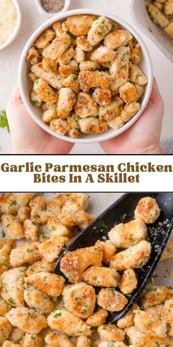 Garlic parmesan chicken bites Pinterest graphic with text and photos.