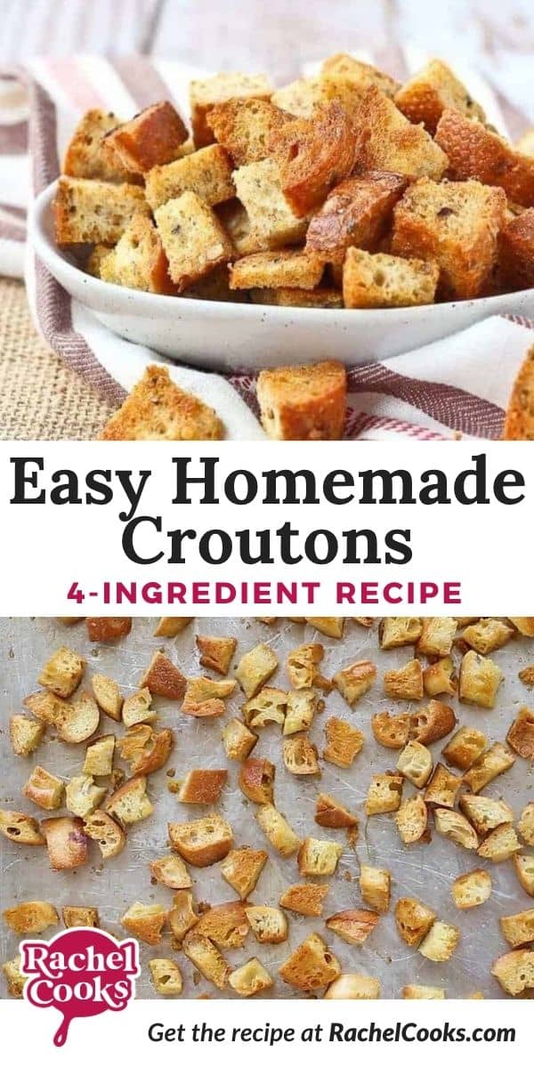 Homemade croutons Pinterest graphic with text and photos.