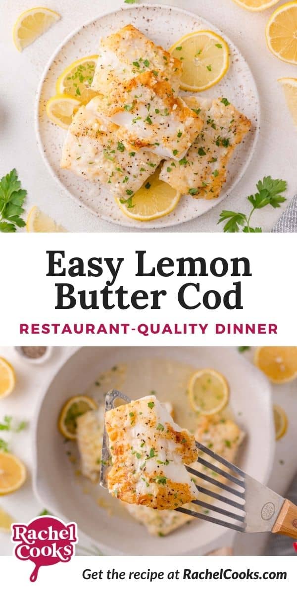 Lemon butter cod Pinterest graphic with text and photos.