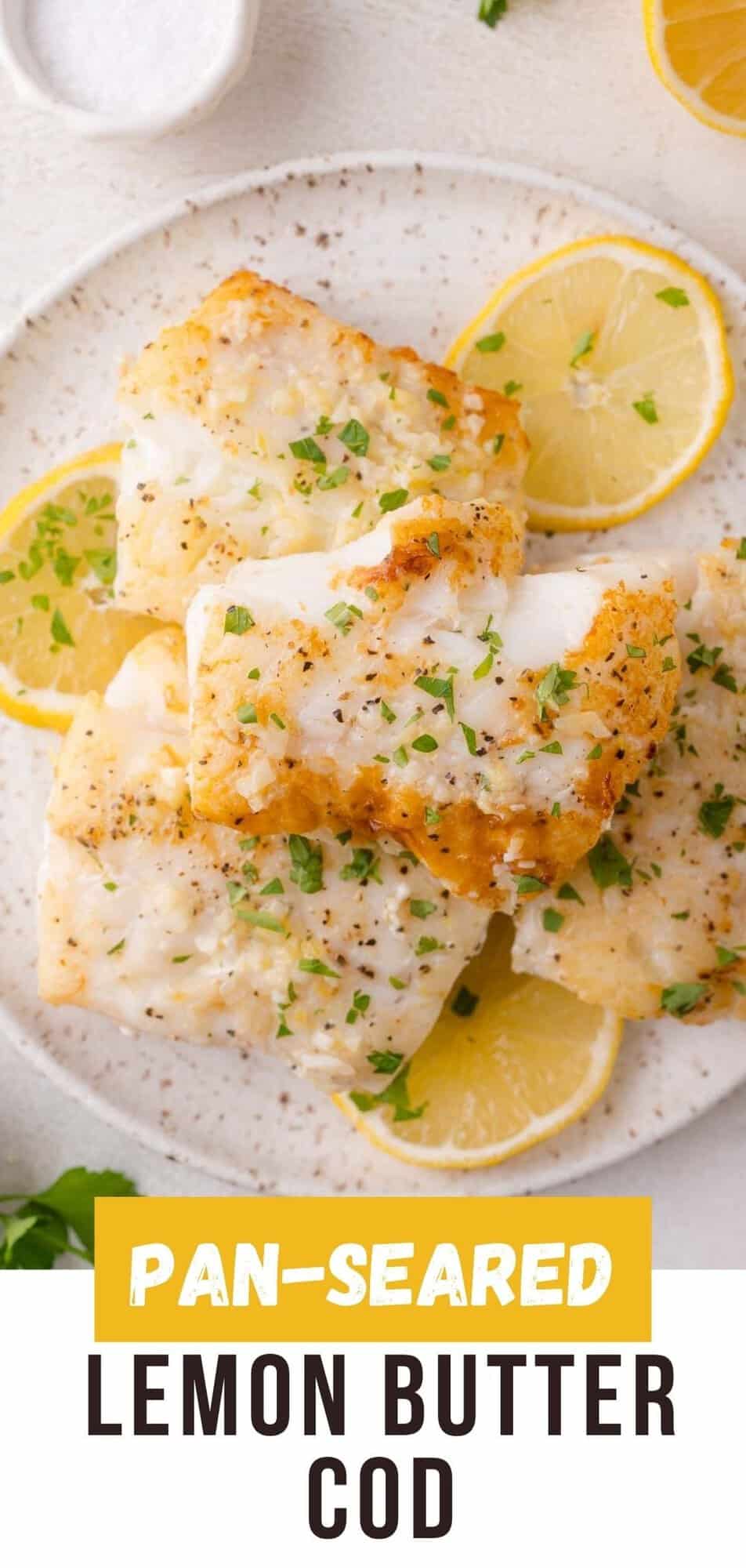 Lemon butter cod Pinterest graphic with text and photos.