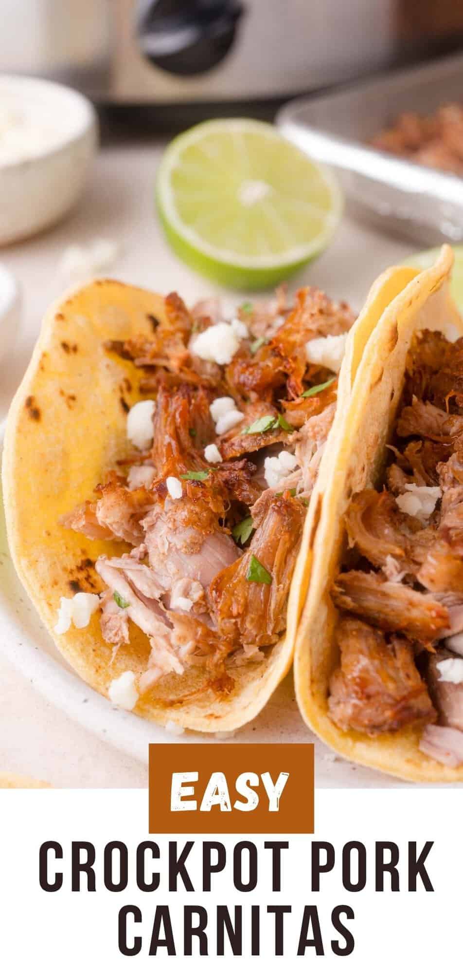 Slow cooker carnitas Pinterest graphic with text and photos.