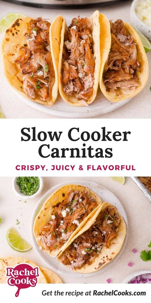 Slow cooker carnitas Pinterest graphic with text and photos.