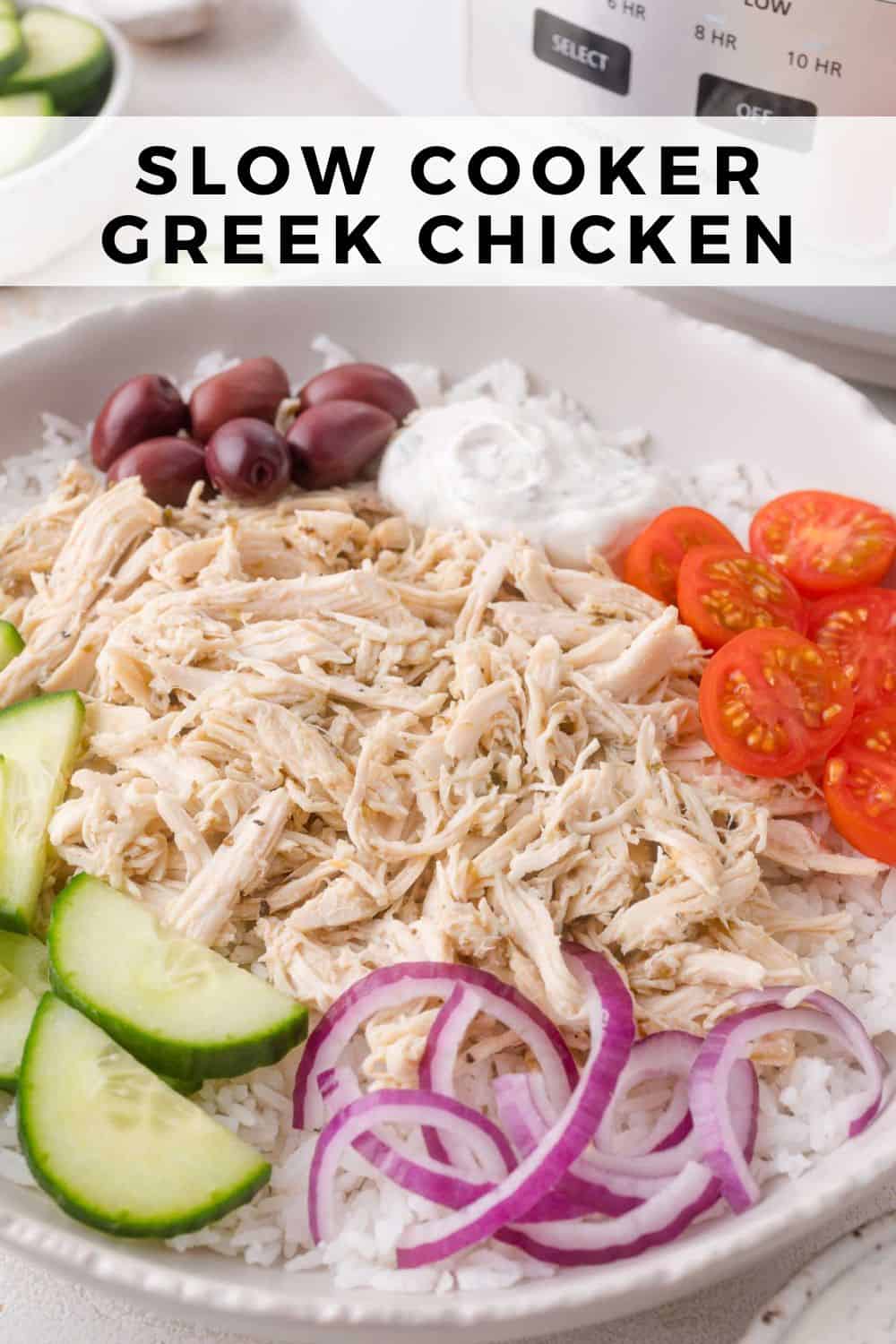 Slow cooker Greek chicken Pinterest graphic with text and photos.