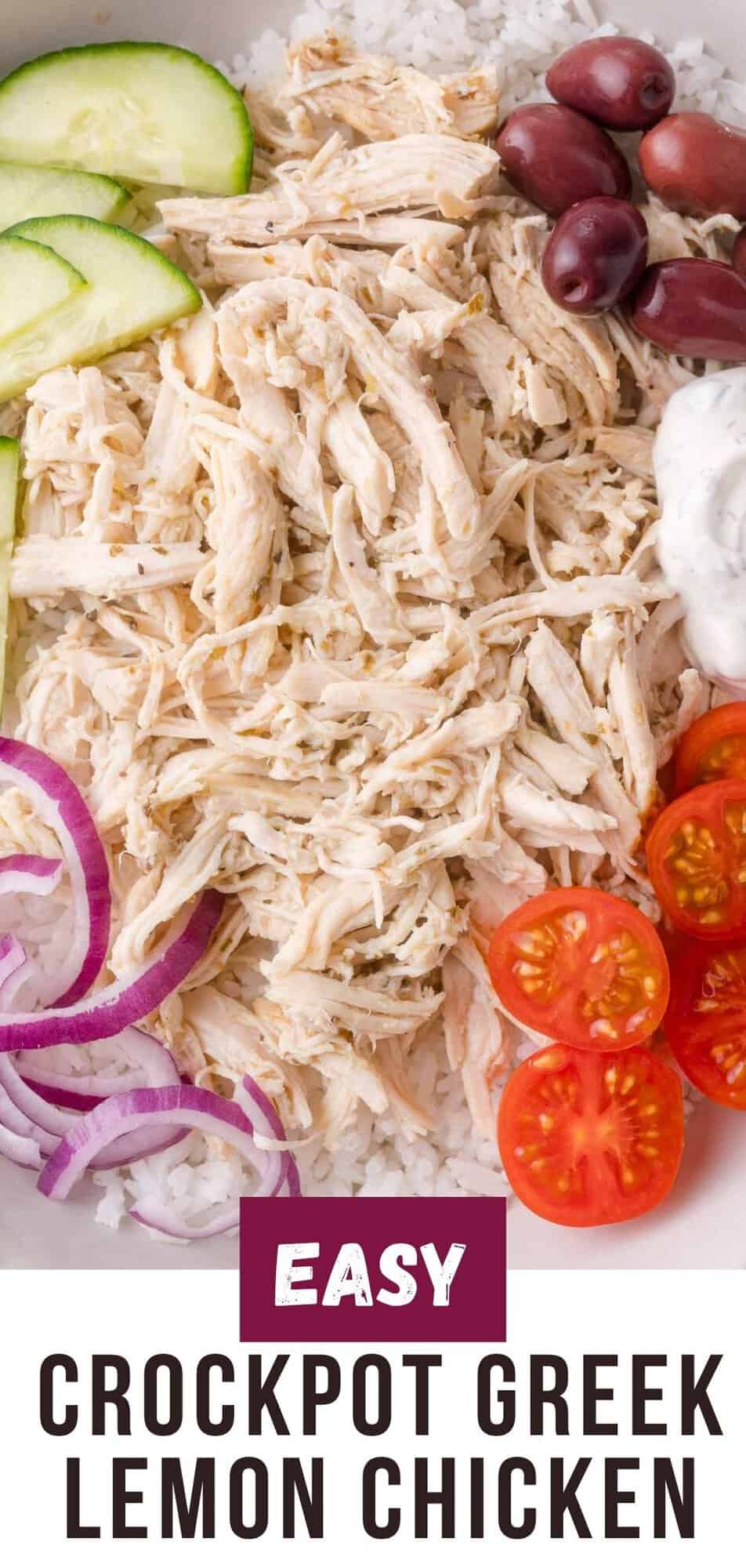Slow cooker Greek chicken Pinterest graphic with text and photos.