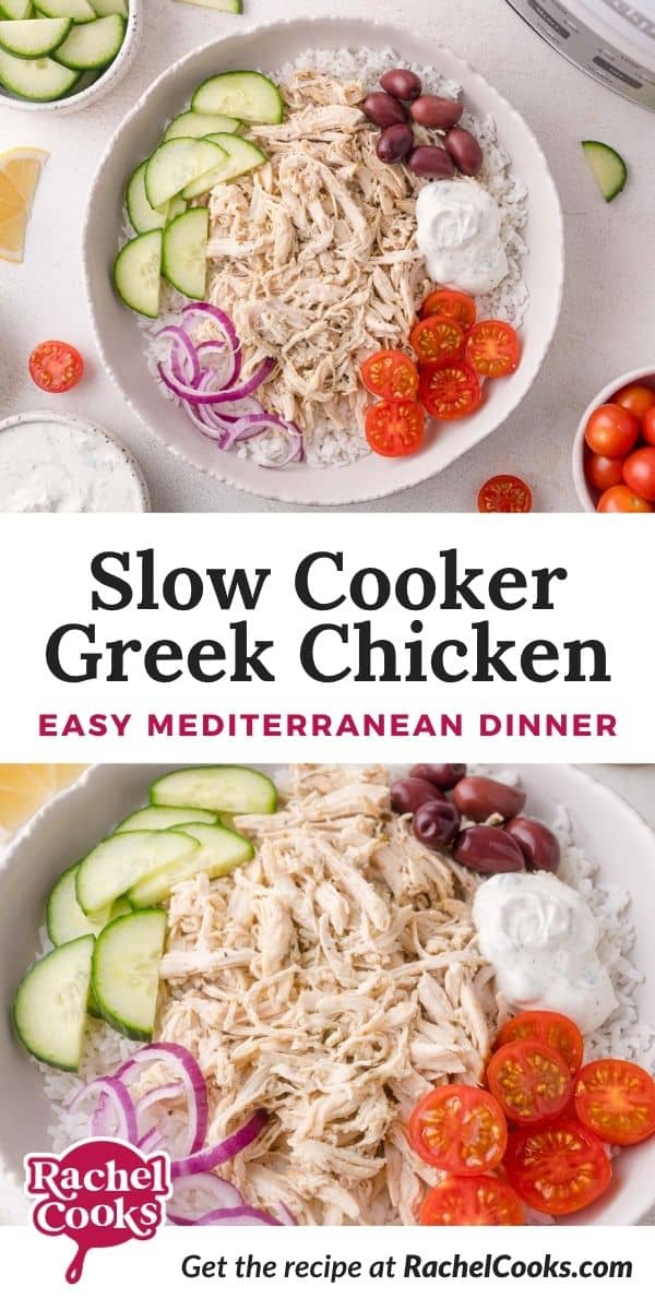 Slow cooker Greek chicken Pinterest graphic with text and photos.