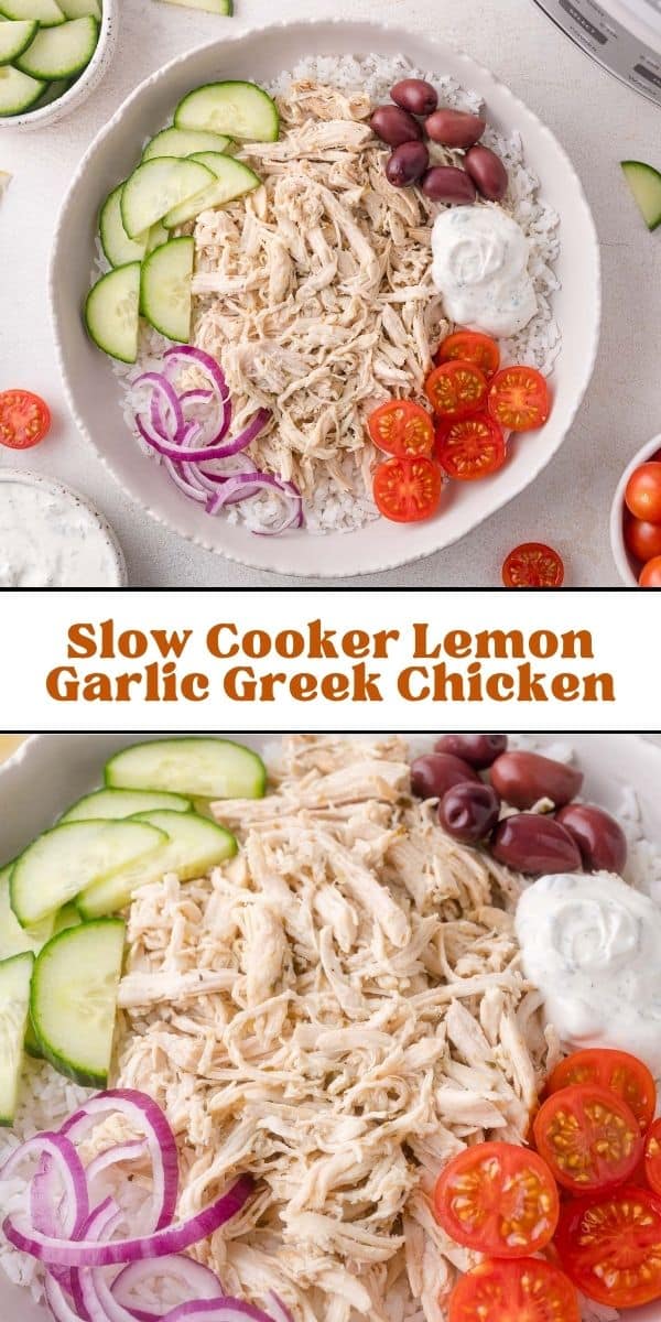 Slow cooker Greek chicken Pinterest graphic with text and photos.