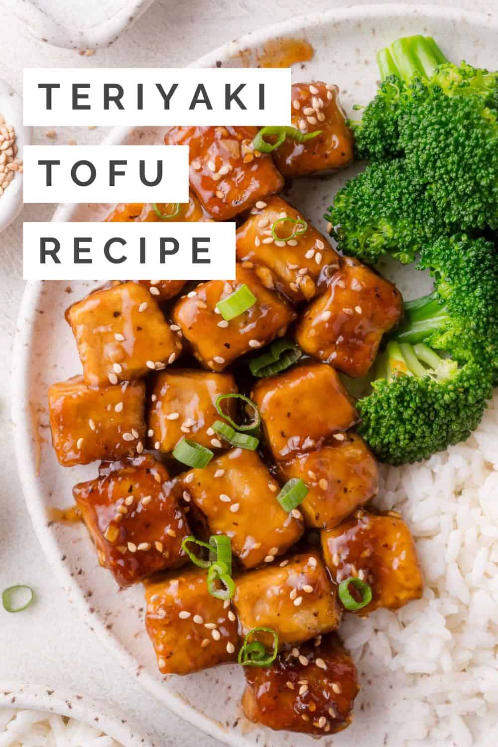 Teriyaki Tofu Pinterest graphic with text and photos.