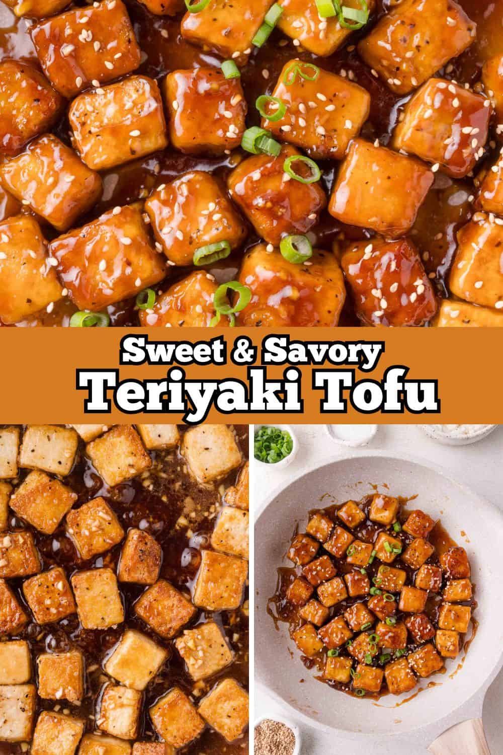 Teriyaki Tofu Pinterest graphic with text and photos.