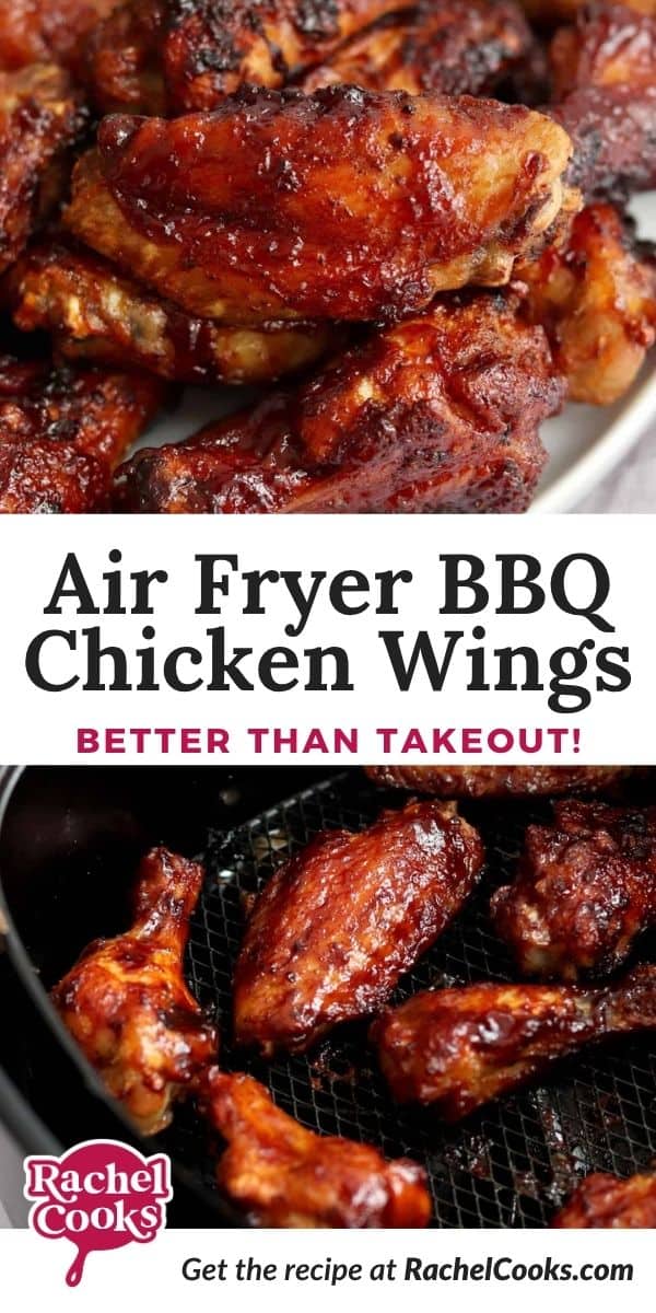 Air Fryer BBQ Chicken Wings Pinterest graphic with text and photos.
