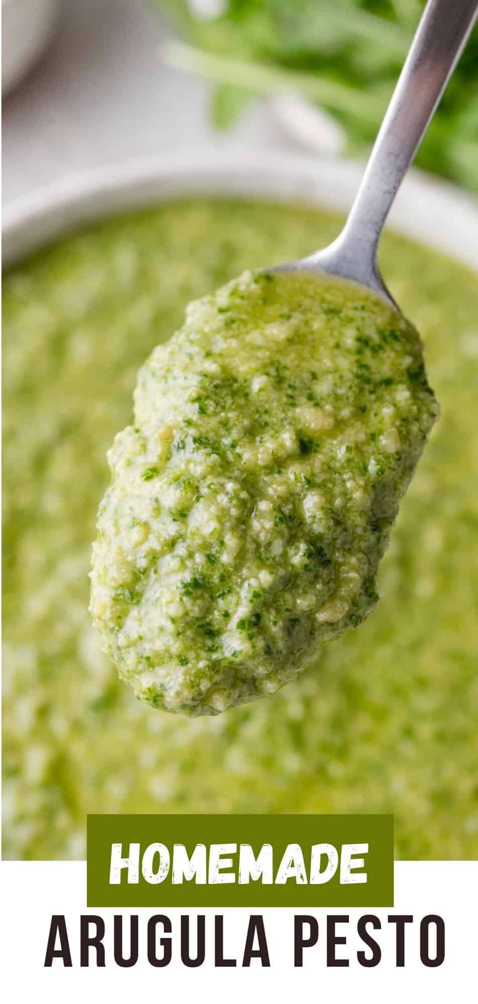 Arugula pesto Pinterest graphic with text and photos.