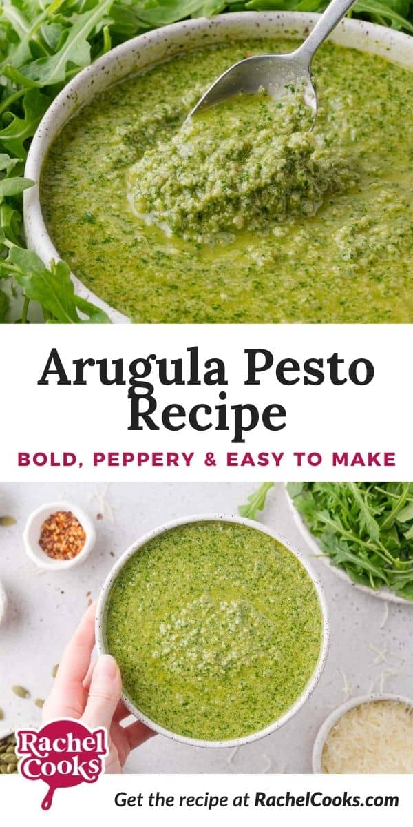 Arugula pesto Pinterest graphic with text and photos.