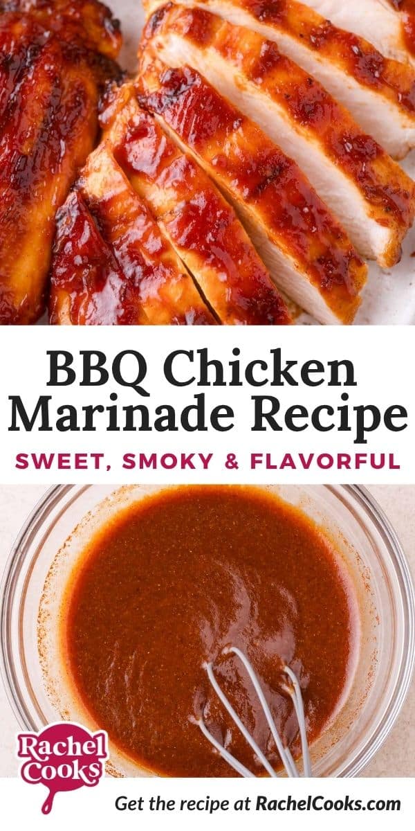 BBQ chicken marinade Pinterest graphic with text and photos.