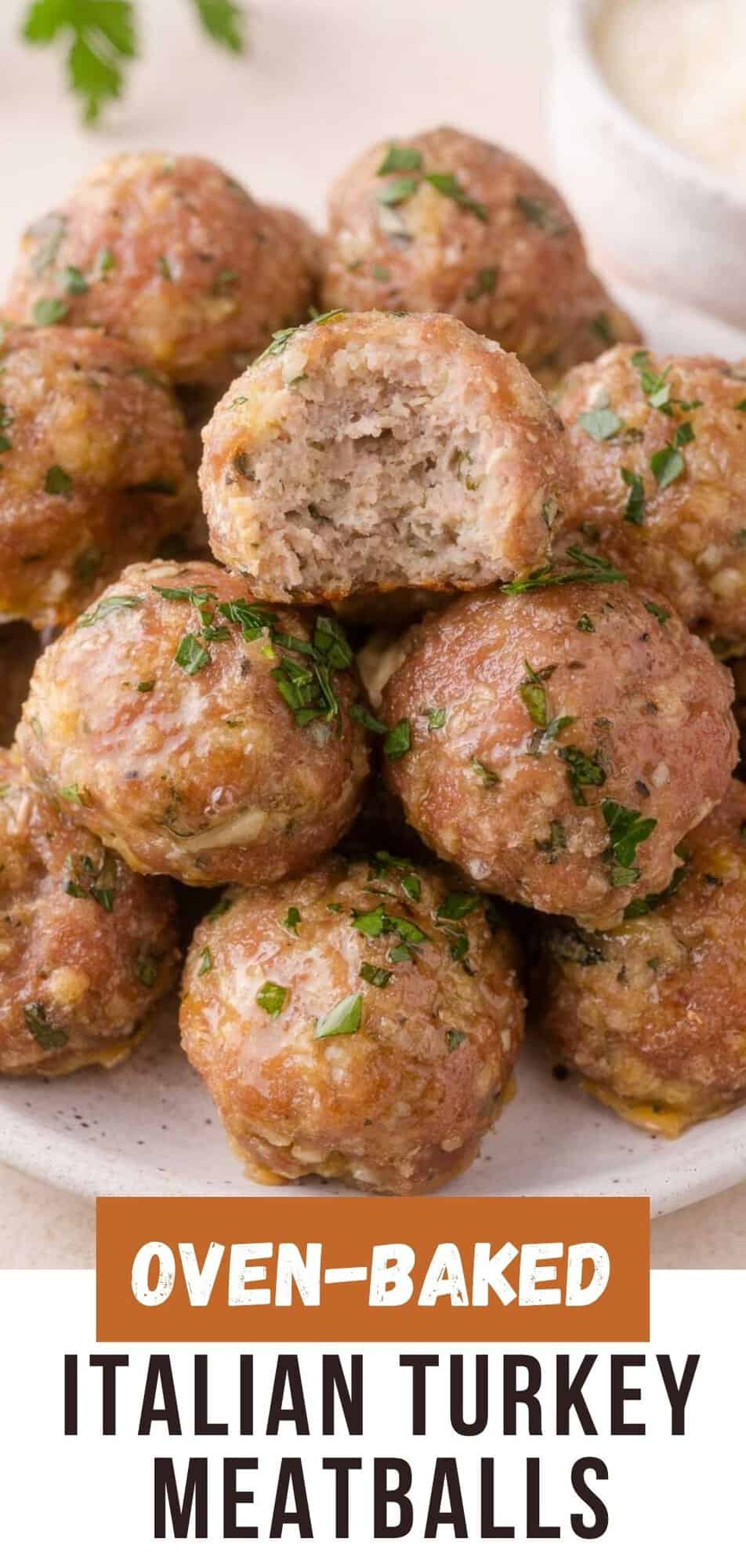 Baked turkey meatballs Pinterest graphic with text and photos.