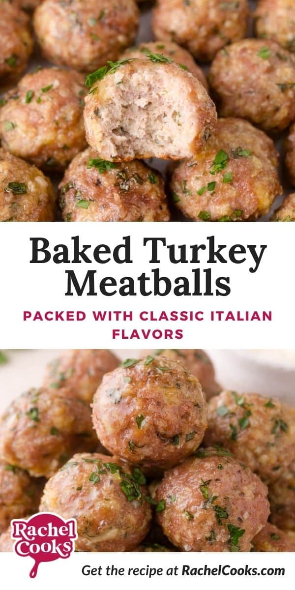Baked turkey meatballs Pinterest graphic with text and photos.