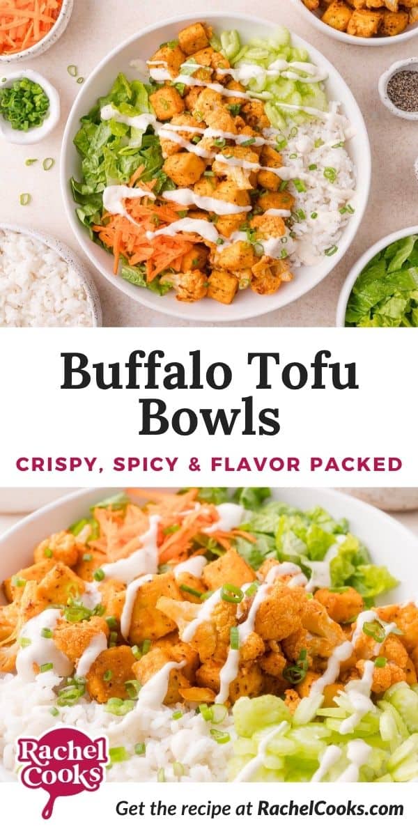 Buffalo tofu bowl Pinterest graphic with text and photos.