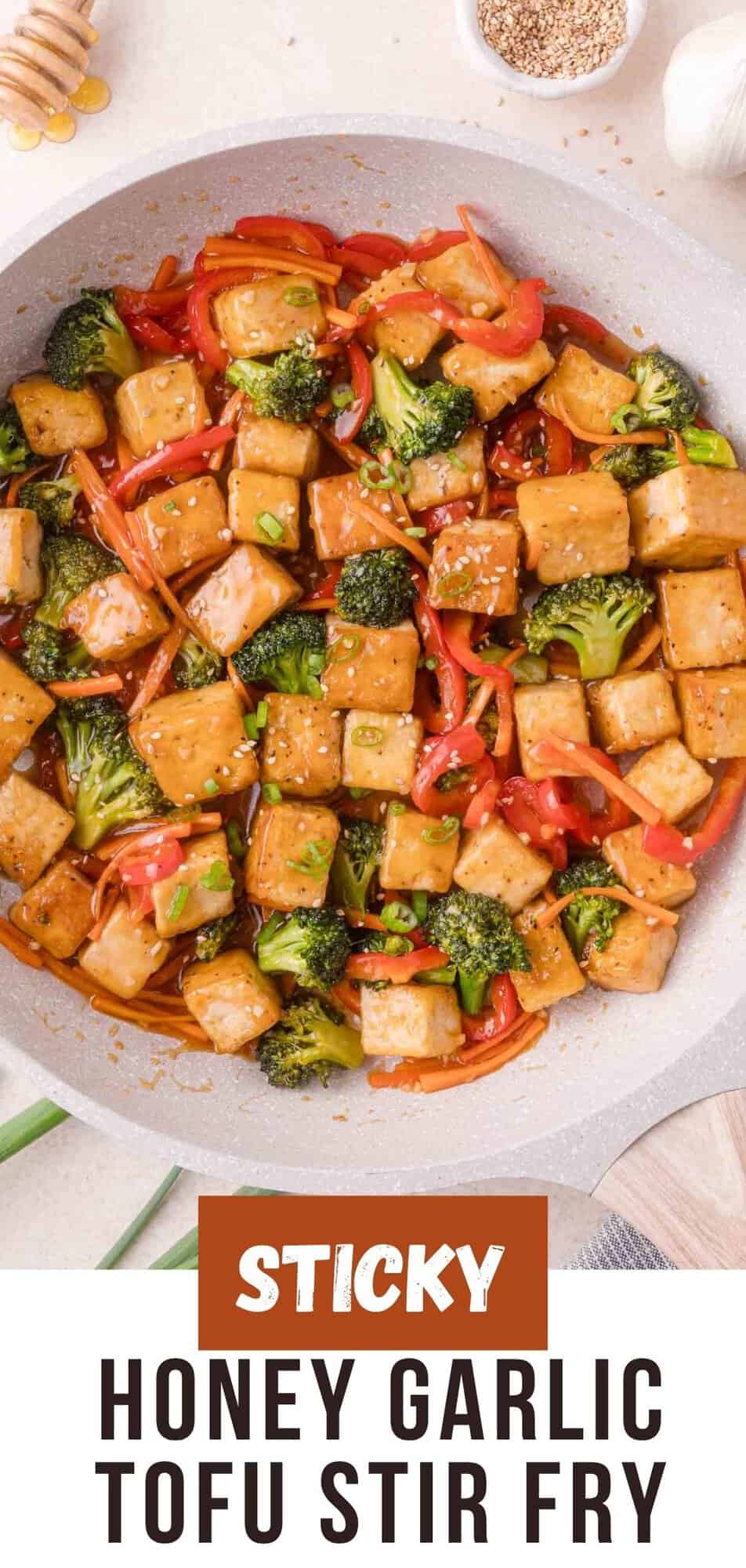 Honey Garlic Tofu Stir Fry Pinterest graphic with text and photos.