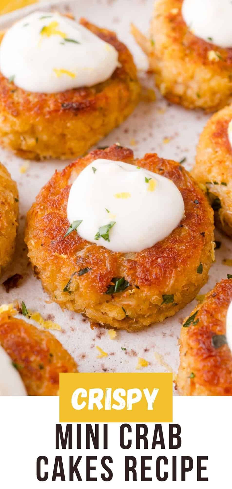 Mini Crab Cakes with Lemon Aioli Pinterest graphic with text and photos.