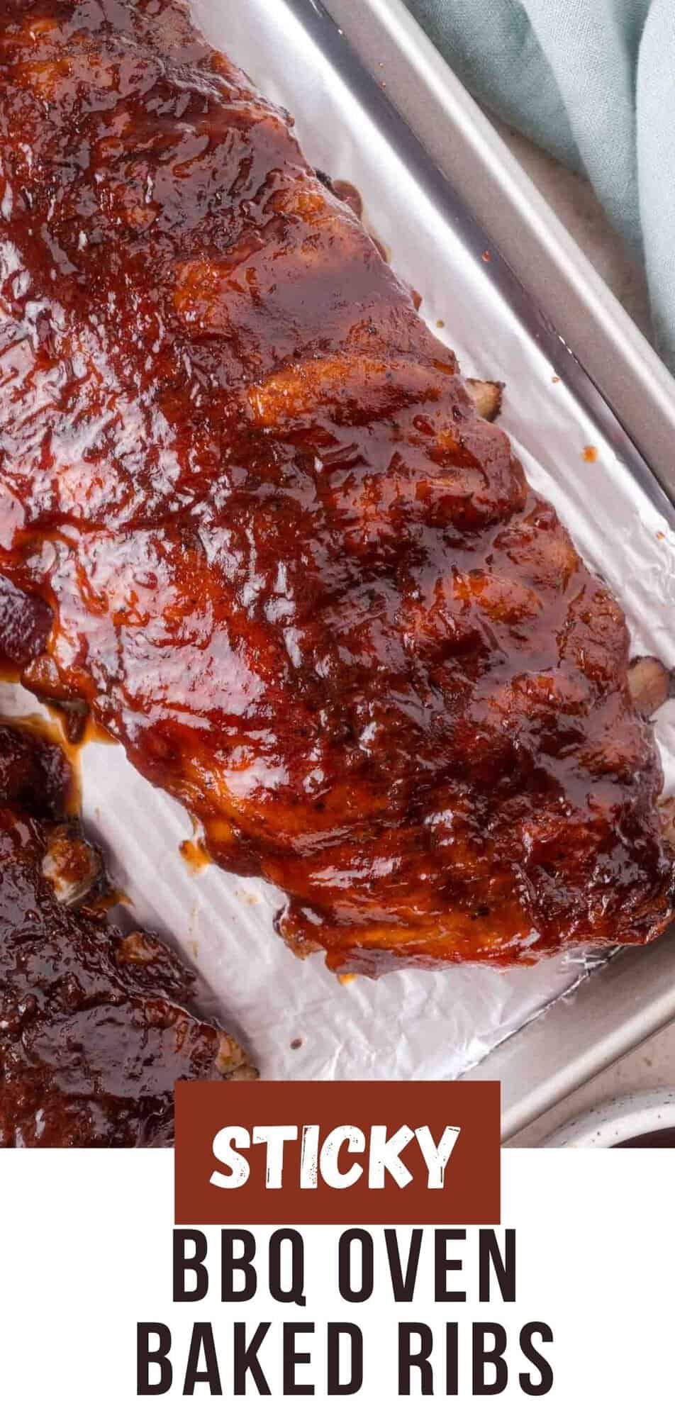 Oven baked ribs Pinterest graphic with text and photos.